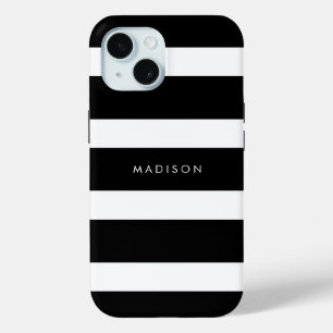 Funda Para iPhone 15 Monongrama de nombres de franjas blancas y negras