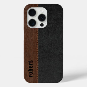 Funda Para iPhone 15 Pro Mononograma Rústico De Cuero Negro Y Marrón