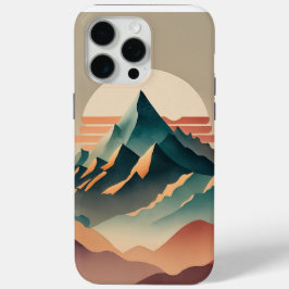 Funda Para iPhone 15 Pro Max Montañas acuáticas de tonos tierra con sol