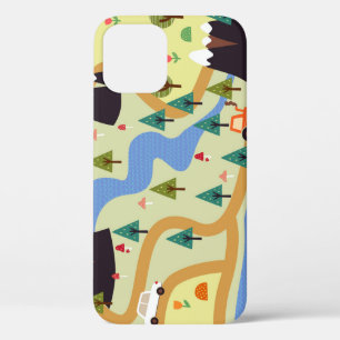 Funda Para iPhone 12 Montañas, ríos, bosque, patrón de autos.