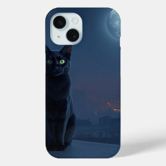 Funda Para iPhone 15 Moonlit Cat on Rooftop Phone Case