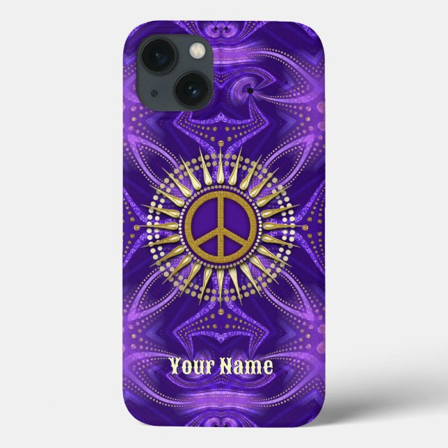 Funda De Case-Mate Para iPhone Morado Mandala Gold Sunshine PeaceSymbol (Reverso)