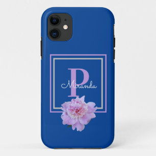 Funda Para iPhone 11 Morado Monograma Rosa Peony Flor azul