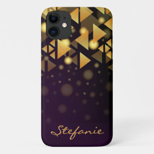 Funda Para iPhone 11 Morado oscuro, triángulos de oro, Brokeh II