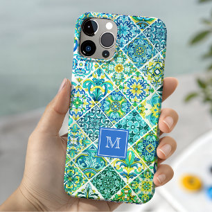 Funda Para iPhone 15 Mosaico de Baldosa Siciliana de Aqua Mint Rústico