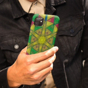 Funda Para iPhone 11 Mosaico Kaleidoscope Flor Amarillo Verde y Rojo