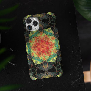 Funda Para iPhone 11 Mosaico Mandala Flor Rojo Amarillo Verde y Negro