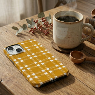 Funda Para iPhone 15 Mostaza Retro Amarillo y Plaid Texturizado Blanco