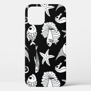 Funda Para iPhone 12 Motif De Pescado: Patrón Blanco Negro.
