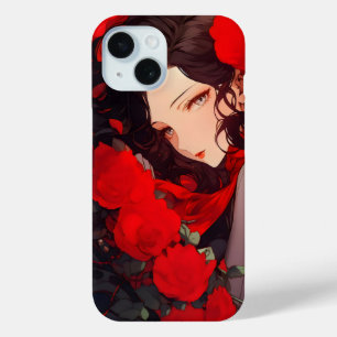 Funda Para iPhone 15 Mujer anime y flores rojas