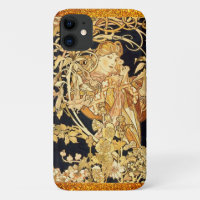 Mujer Art Nouveau con flores oro negro