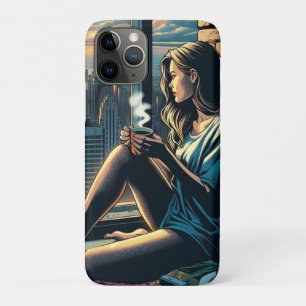 Funda Para iPhone 11 Pro Mujer bebiendo café al amanecer en la ciudad