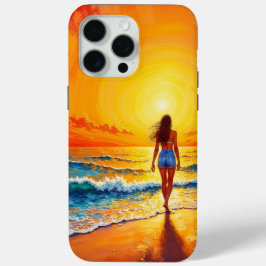 Funda Para iPhone 15 Pro Max Mujer caminando playa océano cálido sol