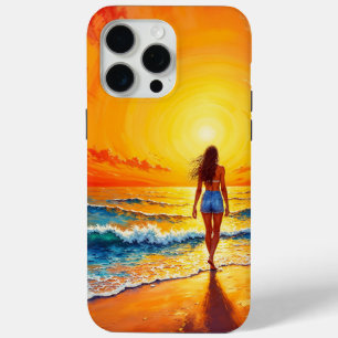 Funda Para iPhone 15 Pro Max Mujer caminando playa océano cálido sol