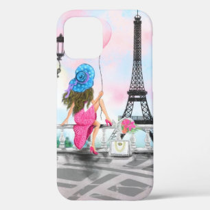 Funda Para iPhone 12 Mujer con globo rosa en la Torre Eiffel de París