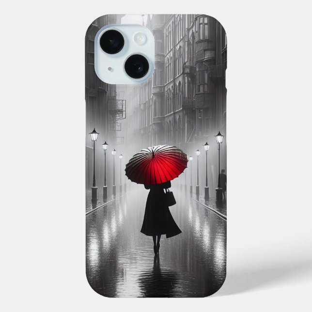 Funda De Case-Mate Para iPhone Mujer Con Paraguas Rojo En Lluvia (Reverso )