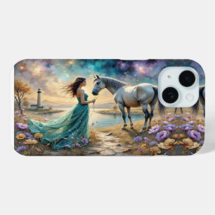 Funda Para iPhone 15 Mujer con vestido azul en la playa con caballo, fa