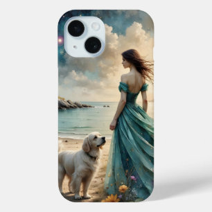 Funda Para iPhone 15 Mujer en bata azul en la playa con perro