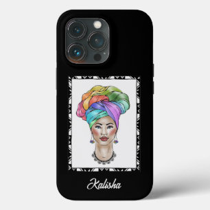 Funda Para iPhone 13 Pro Mujer negra en un turbante colorido