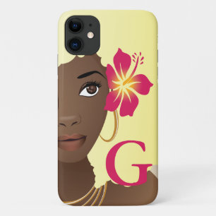 Funda Para iPhone 11 Mujer negra, flor en su África rubia, monograma