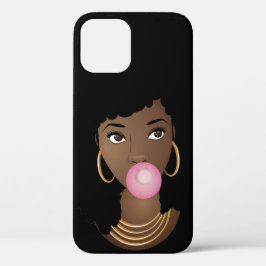 Funda Para iPhone 12 Mujer negra, pelo natural, bazuqueo rosado