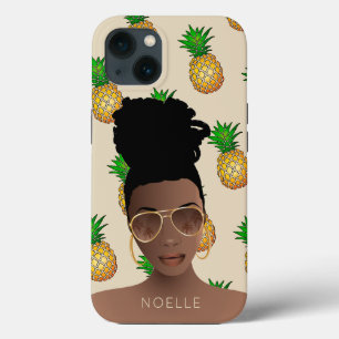 Funda Para iPhone 13 Mujer negra, tonos dorados, patrón de piña, beige