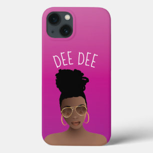 Funda Para iPhone 13 Mujer negra, tonos dorados y bollo alto, rosa cali