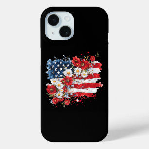 Funda Para iPhone 15 Mujeres 4 de julio Flor americana Bandera Flores s