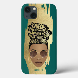 Funda Para iPhone 13 Mujeres motivadoras negras, pelo natural, Verde az