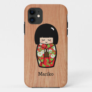 Funda Para iPhone 11 Muñeca japonesa Kawaii Kokeshi en kimono rojo en m