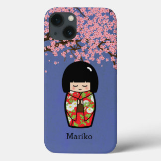 Funda Para iPhone 13 Muñeca japonesa kokeshi en Kimono rojo con Sakura