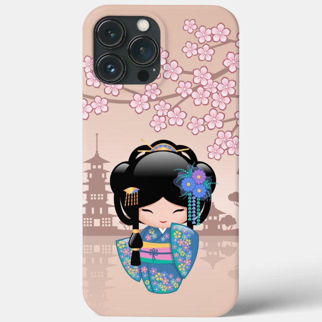 Funda De Case-Mate Para iPhone Muñeca Keiko Kokeshi - Chica de Kimono azul Geisha (Reverso )