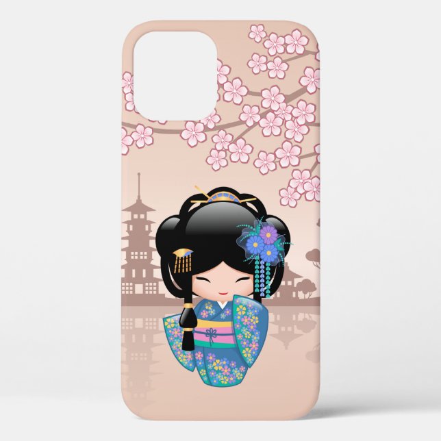Funda De Case-Mate Para iPhone Muñeca Keiko Kokeshi - Chica de Kimono azul Geisha (Reverso )
