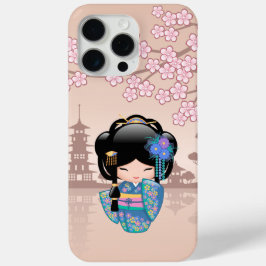 Funda Para iPhone 15 Pro Max Muñeca Keiko Kokeshi - Chica de Kimono azul Geisha