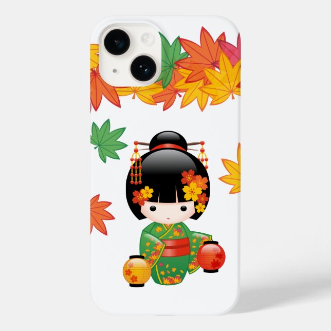Funda De Case-Mate Para iPhone Muñeca Kokeshi Caída - Chica de Kimono Verde Geish (Reverso )
