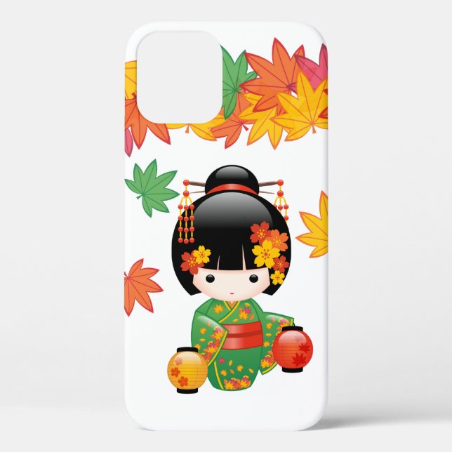 Funda De Case-Mate Para iPhone Muñeca Kokeshi Caída - Chica de Kimono Verde Geish (Reverso )