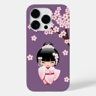 Funda Para iPhone 14 Pro De Case-Mate Muñeca Kokeshi de Kimono Rosa sobre Fondo Púrpura