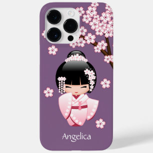 Funda Para iPhone 14 Pro Max De Case-Mate Muñeca Kokeshi de Kimono Rosa sobre Fondo Púrpura