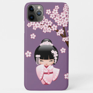 Funda Para iPhone 11 Pro Max Muñeca Kokeshi de Kimono Rosa sobre Fondo Púrpura