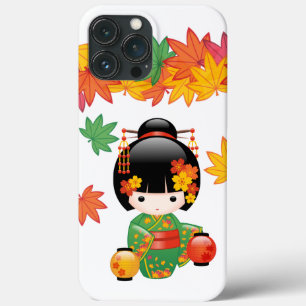 Funda Para iPhone 13 Pro Max Muñeca Kokeshi de Kimono Verde Otoñal Hojas de Arc