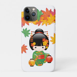 Funda Para iPhone 11 Pro Muñeca Kokeshi de Kimono Verde Otoñal Hojas de Arc