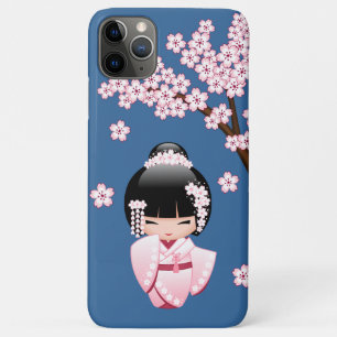 Funda Para iPhone 11 Pro Max Muñeca Kokeshi Kawaii de Kimono Rosa sobre Azul