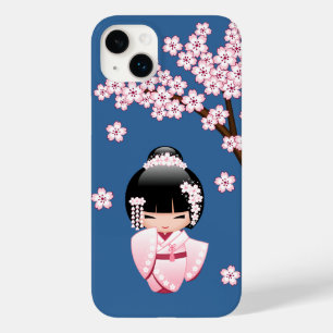 Funda Para iPhone 14 Plus De Case-Mate Muñeca Kokeshi Kawaii de Kimono Rosa sobre Azul
