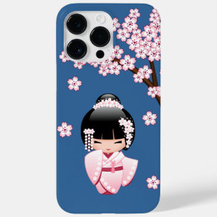 Funda Para iPhone 14 Pro Max De Case-Mate Muñeca Kokeshi Kawaii de Kimono Rosa sobre Azul