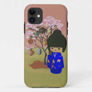 Funda Para iPhone 11 Muñeca linda del kokeshi con el árbol de la flor