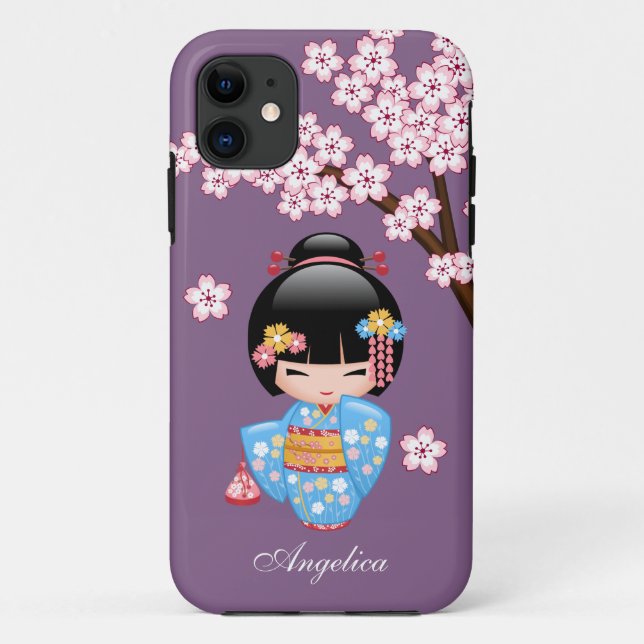 Funda De Case-Mate Para iPhone Muñeca Maiko Kokeshi - Chica Geisha de Kimono Azul (Reverso)