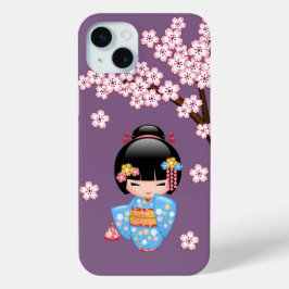 Funda Para iPhone 15 Mini Muñeca Maiko Kokeshi - Chica Geisha de Kimono Azul