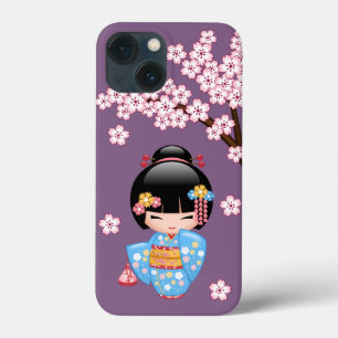 Funda Para iPhone 13 Mini Muñeca Maiko Kokeshi - Chica Geisha de Kimono Azul