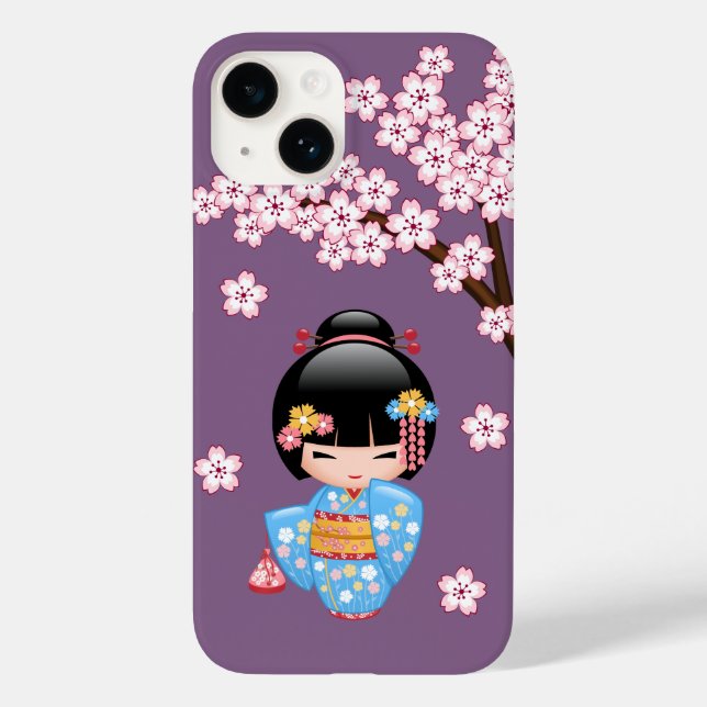 Funda De Case-Mate Para iPhone Muñeca Maiko Kokeshi - Chica Geisha de Kimono Azul (Reverso )