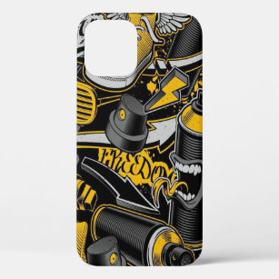 Funda Para iPhone 12 Pro Música creativa Graffiti Amarillo Negro Spay toda